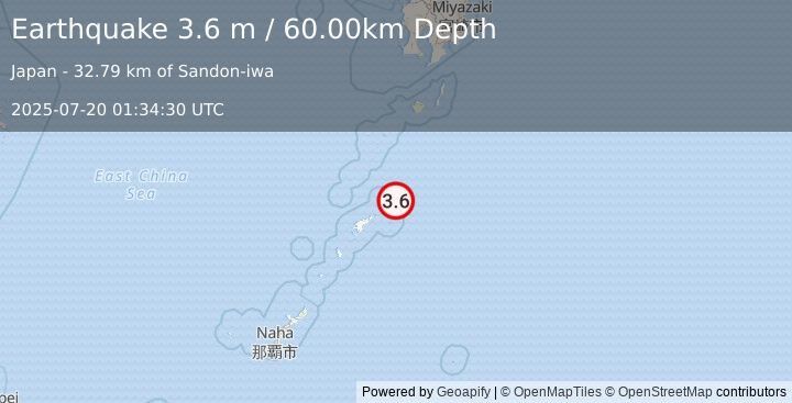Earthquake RYUKYU ISLANDS, JAPAN (3.6 m) (2025-07-20 01:34:13 UTC)