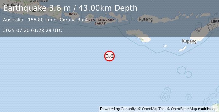 Earthquake SOUTH OF SUMBAWA, INDONESIA (3.6 m) (2025-07-20 01:28:29 UTC)