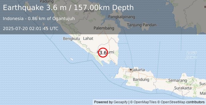 Earthquake SOUTHERN SUMATRA, INDONESIA (3.6 m) (2025-07-20 02:01:45 UTC)