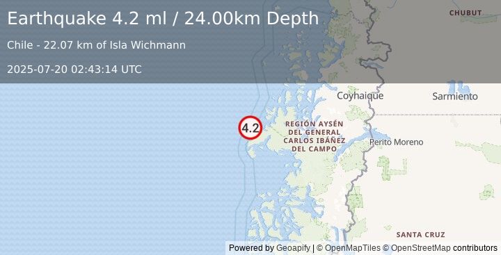 Earthquake NEAR COAST OF AISEN, CHILE (4.5 mb) (2025-07-20 02:43:12 UTC)