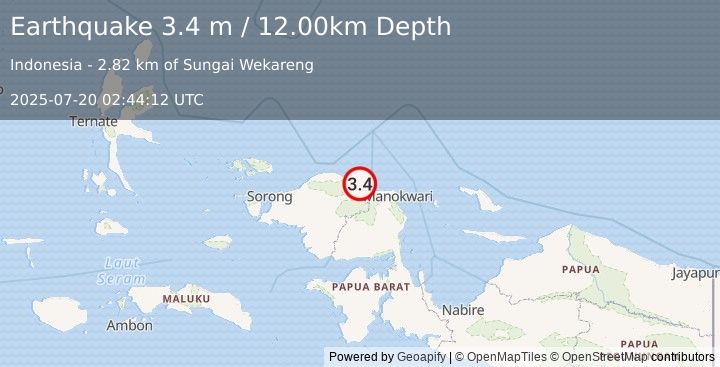 Earthquake NEAR N COAST OF PAPUA, INDONESIA (3.4 m) (2025-07-20 02:44:12 UTC)