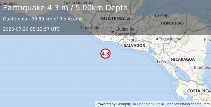Earthquake OFFSHORE GUATEMALA (4.3 m) (2025-07-20 05:13:57 UTC)