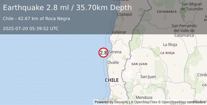 Earthquake OFFSHORE COQUIMBO, CHILE (2.8 ml) (2025-07-20 05:39:52 UTC)