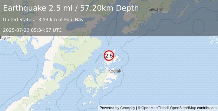 Earthquake KODIAK ISLAND REGION, ALASKA (2.5 ml) (2025-07-20 05:34:57 UTC)