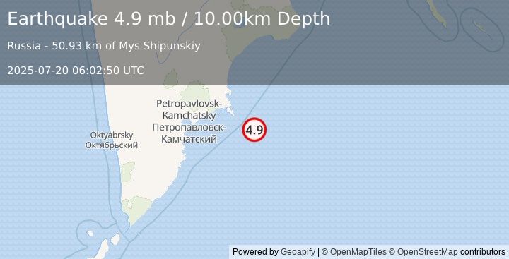 Earthquake OFF EAST COAST OF KAMCHATKA (5.2 mb) (2025-07-20 06:02:53 UTC)