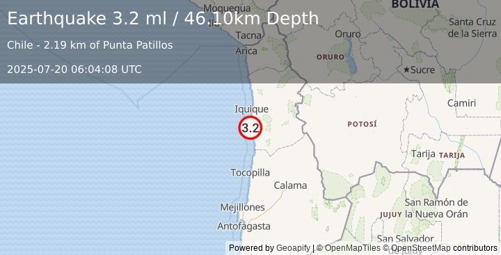 Earthquake TARAPACA, CHILE (3.2 ml) (2025-07-20 06:04:08 UTC)