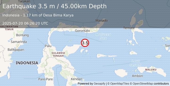 Earthquake SULAWESI, INDONESIA (3.5 m) (2025-07-20 06:26:20 UTC)