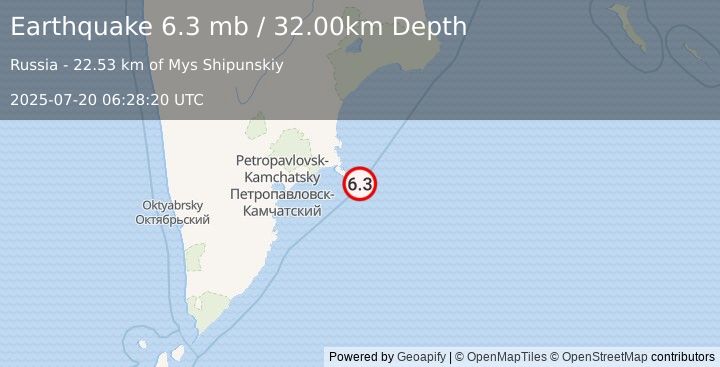 Earthquake NEAR EAST COAST OF KAMCHATKA (6.7 mw) (2025-07-20 06:28:17 UTC)
