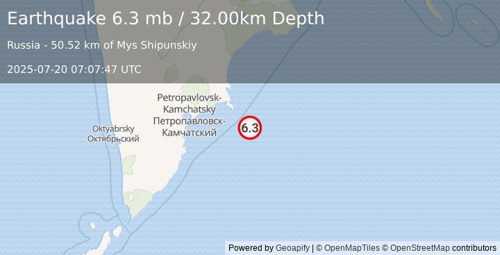 Earthquake OFF EAST COAST OF KAMCHATKA (6.7 mw) (2025-07-20 07:07:43 UTC)