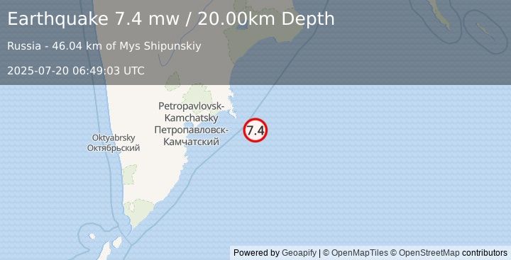 Earthquake OFF EAST COAST OF KAMCHATKA (7.4 mw) (2025-07-20 06:49:03 UTC)