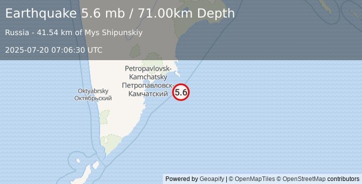 Earthquake OFF EAST COAST OF KAMCHATKA (5.6 m) (2025-07-20 07:06:29 UTC)