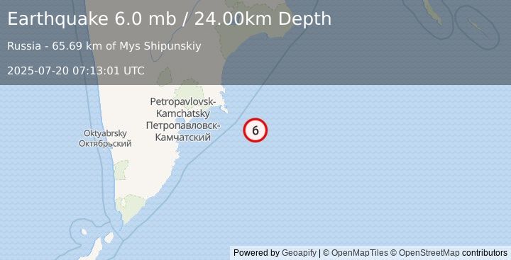 Earthquake OFF EAST COAST OF KAMCHATKA (5.8 mb) (2025-07-20 07:12:59 UTC)