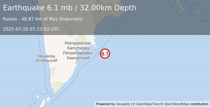 Earthquake OFF EAST COAST OF KAMCHATKA (6.5 mw) (2025-07-20 07:22:59 UTC)