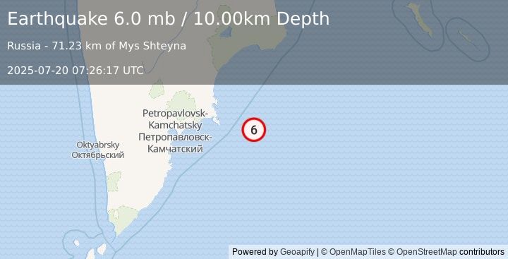Earthquake OFF EAST COAST OF KAMCHATKA (6.0 mb) (2025-07-20 07:26:17 UTC)