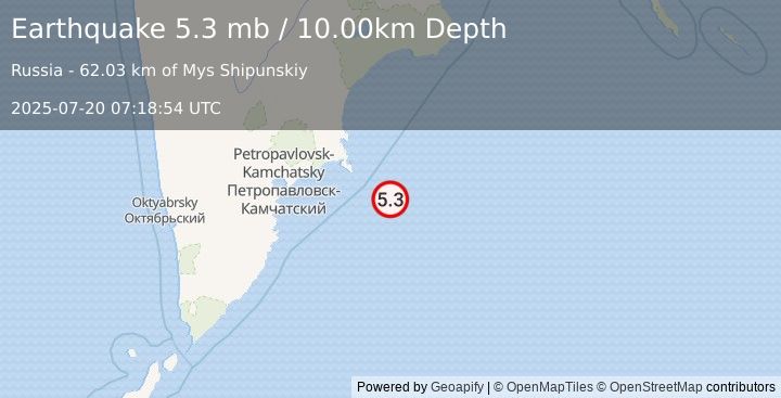 Earthquake OFF EAST COAST OF KAMCHATKA (5.3 mb) (2025-07-20 07:18:54 UTC)