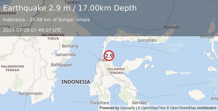 Earthquake MINAHASA, SULAWESI, INDONESIA (2.9 m) (2025-07-20 07:49:07 UTC)
