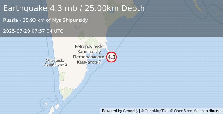 Earthquake OFF EAST COAST OF KAMCHATKA (4.3 mb) (2025-07-20 07:57:04 UTC)