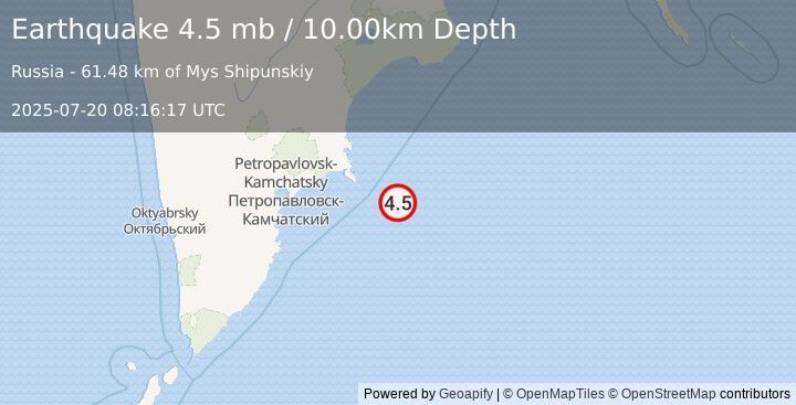 Earthquake OFF EAST COAST OF KAMCHATKA (4.5 mb) (2025-07-20 08:16:17 UTC)