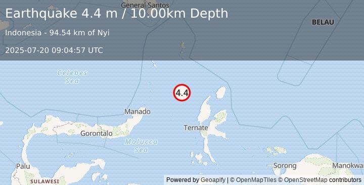 Earthquake MOLUCCA SEA (4.4 m) (2025-07-20 09:04:57 UTC)