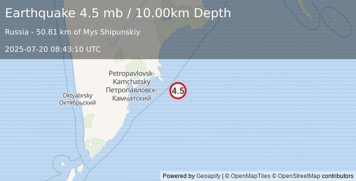 Earthquake OFF EAST COAST OF KAMCHATKA (4.5 mb) (2025-07-20 08:43:10 UTC)
