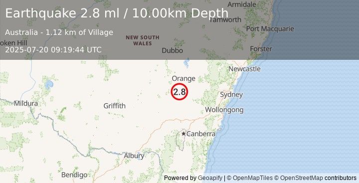 Earthquake NEW SOUTH WALES, AUSTRALIA (2.8 ml) (2025-07-20 09:19:44 UTC)