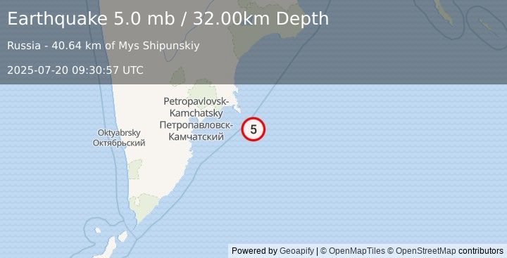 Earthquake OFF EAST COAST OF KAMCHATKA (5.1 mb) (2025-07-20 09:30:55 UTC)