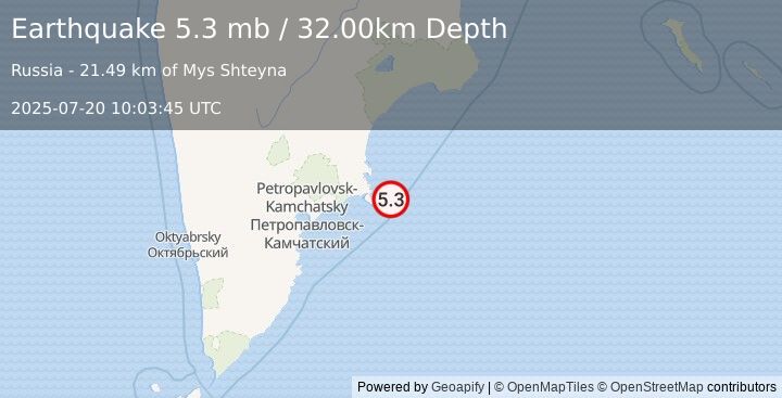 Earthquake NEAR EAST COAST OF KAMCHATKA (5.5 m) (2025-07-20 10:03:40 UTC)