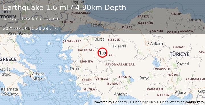 Earthquake WESTERN TURKEY (1.6 ml) (2025-07-20 10:28:28 UTC)