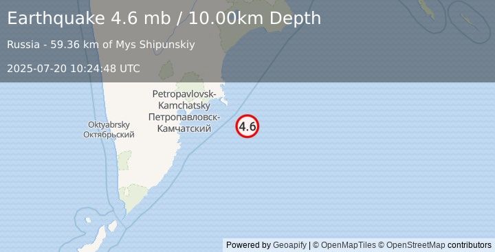 Earthquake OFF EAST COAST OF KAMCHATKA (4.5 mb) (2025-07-20 10:24:47 UTC)