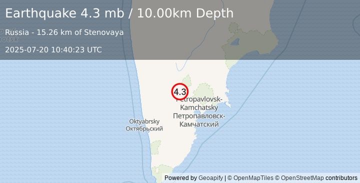Earthquake OFF EAST COAST OF KAMCHATKA (4.2 mb) (2025-07-20 10:40:15 UTC)