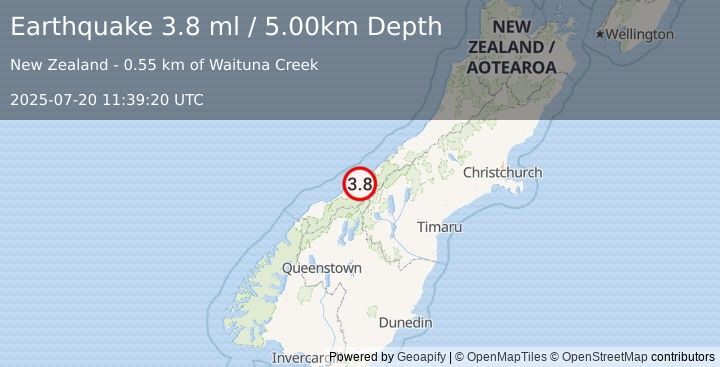 Earthquake SOUTH ISLAND OF NEW ZEALAND (3.8 ml) (2025-07-20 11:39:20 UTC)