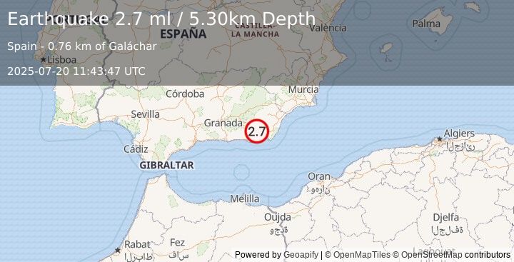 Earthquake STRAIT OF GIBRALTAR (2.7 ml) (2025-07-20 11:43:47 UTC)