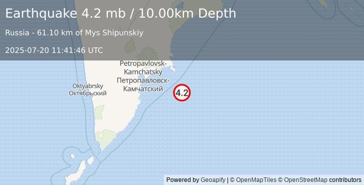 Earthquake OFF EAST COAST OF KAMCHATKA (4.2 mb) (2025-07-20 11:41:46 UTC)