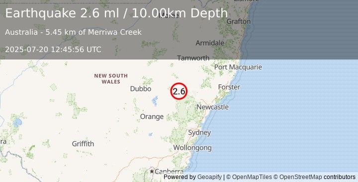 Earthquake NEW SOUTH WALES, AUSTRALIA (2.6 ml) (2025-07-20 12:45:56 UTC)