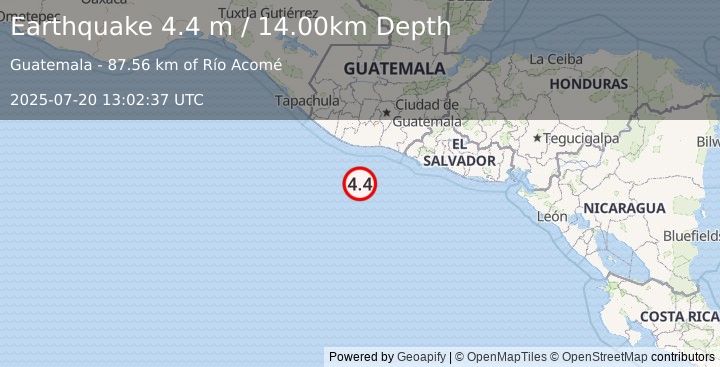 Earthquake OFFSHORE GUATEMALA (4.4 m) (2025-07-20 13:02:37 UTC)