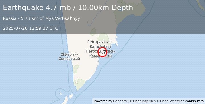Earthquake NEAR EAST COAST OF KAMCHATKA (4.7 mb) (2025-07-20 12:59:37 UTC)