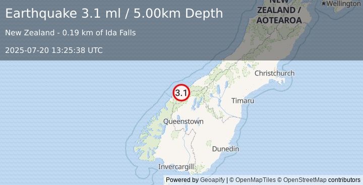 Earthquake SOUTH ISLAND OF NEW ZEALAND (3.1 ml) (2025-07-20 13:25:38 UTC)