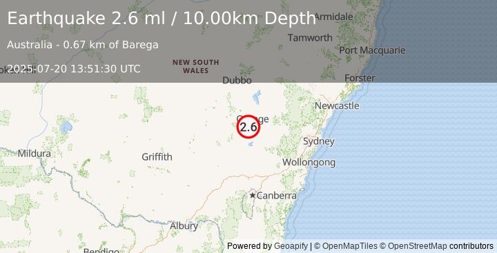 Earthquake NEW SOUTH WALES, AUSTRALIA (2.6 ml) (2025-07-20 13:51:30 UTC)