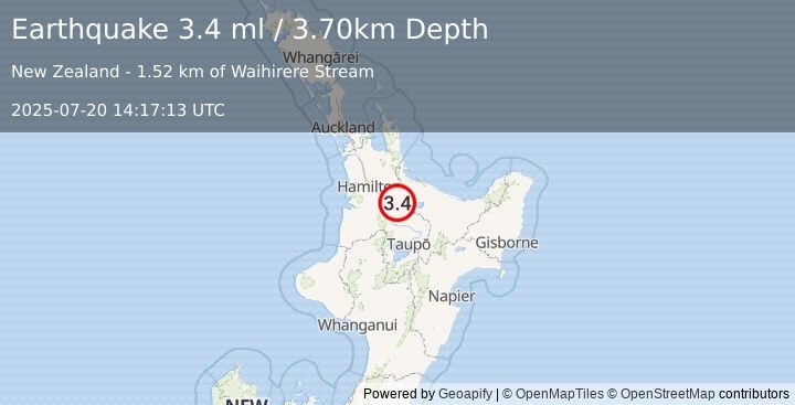 Earthquake NORTH ISLAND OF NEW ZEALAND (3.4 ml) (2025-07-20 14:17:13 UTC)
