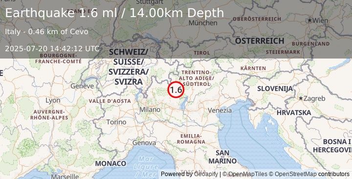 Earthquake NORTHERN ITALY (1.6 ml) (2025-07-20 14:42:12 UTC)