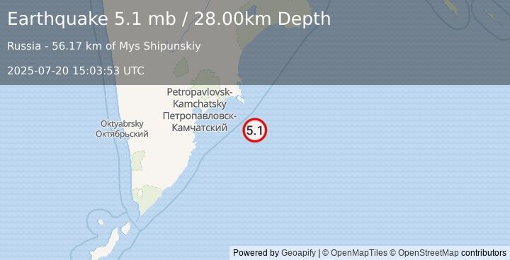 Earthquake OFF EAST COAST OF KAMCHATKA (5.0 mb) (2025-07-20 15:03:49 UTC)