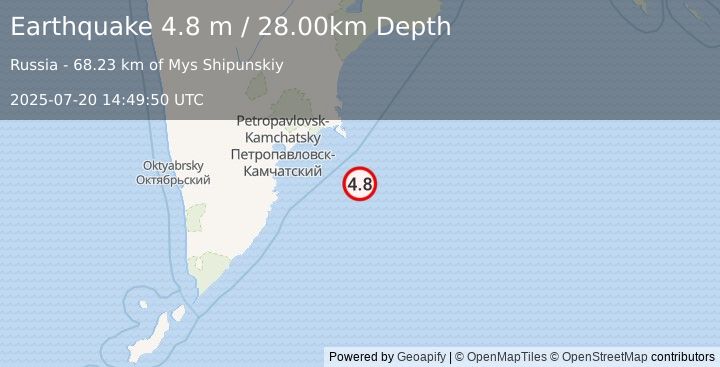 Earthquake OFF EAST COAST OF KAMCHATKA (4.7 mb) (2025-07-20 14:49:47 UTC)