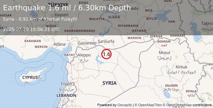 Earthquake TURKEY-SYRIA BORDER REGION (1.6 ml) (2025-07-20 15:06:21 UTC)