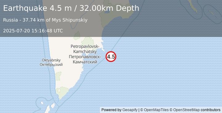 Earthquake OFF EAST COAST OF KAMCHATKA (4.5 mb) (2025-07-20 15:16:46 UTC)