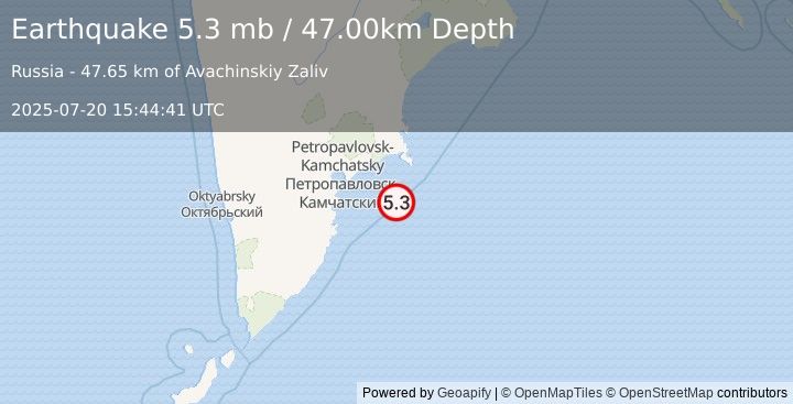Earthquake OFF EAST COAST OF KAMCHATKA (5.2 mb) (2025-07-20 15:44:40 UTC)