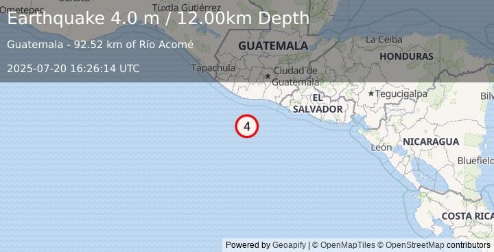 Earthquake OFFSHORE GUATEMALA (4.0 m) (2025-07-20 16:26:14 UTC)