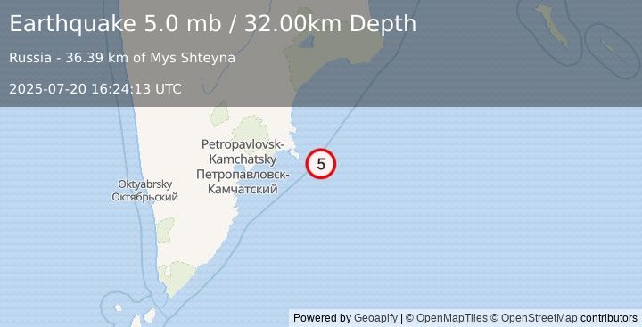 Earthquake NEAR EAST COAST OF KAMCHATKA (5.0 mb) (2025-07-20 16:24:13 UTC)