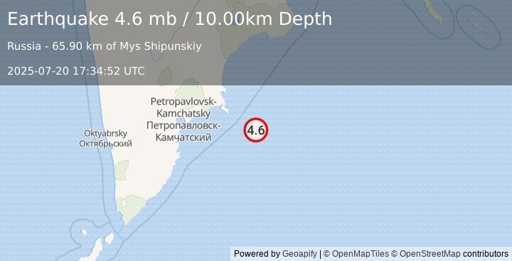 Earthquake OFF EAST COAST OF KAMCHATKA (4.6 mb) (2025-07-20 17:34:52 UTC)