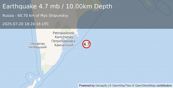 Earthquake OFF EAST COAST OF KAMCHATKA (4.7 mb) (2025-07-20 18:24:16 UTC)