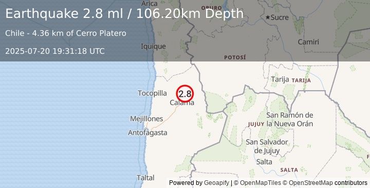 Earthquake ANTOFAGASTA, CHILE (2.8 ml) (2025-07-20 19:31:18 UTC)